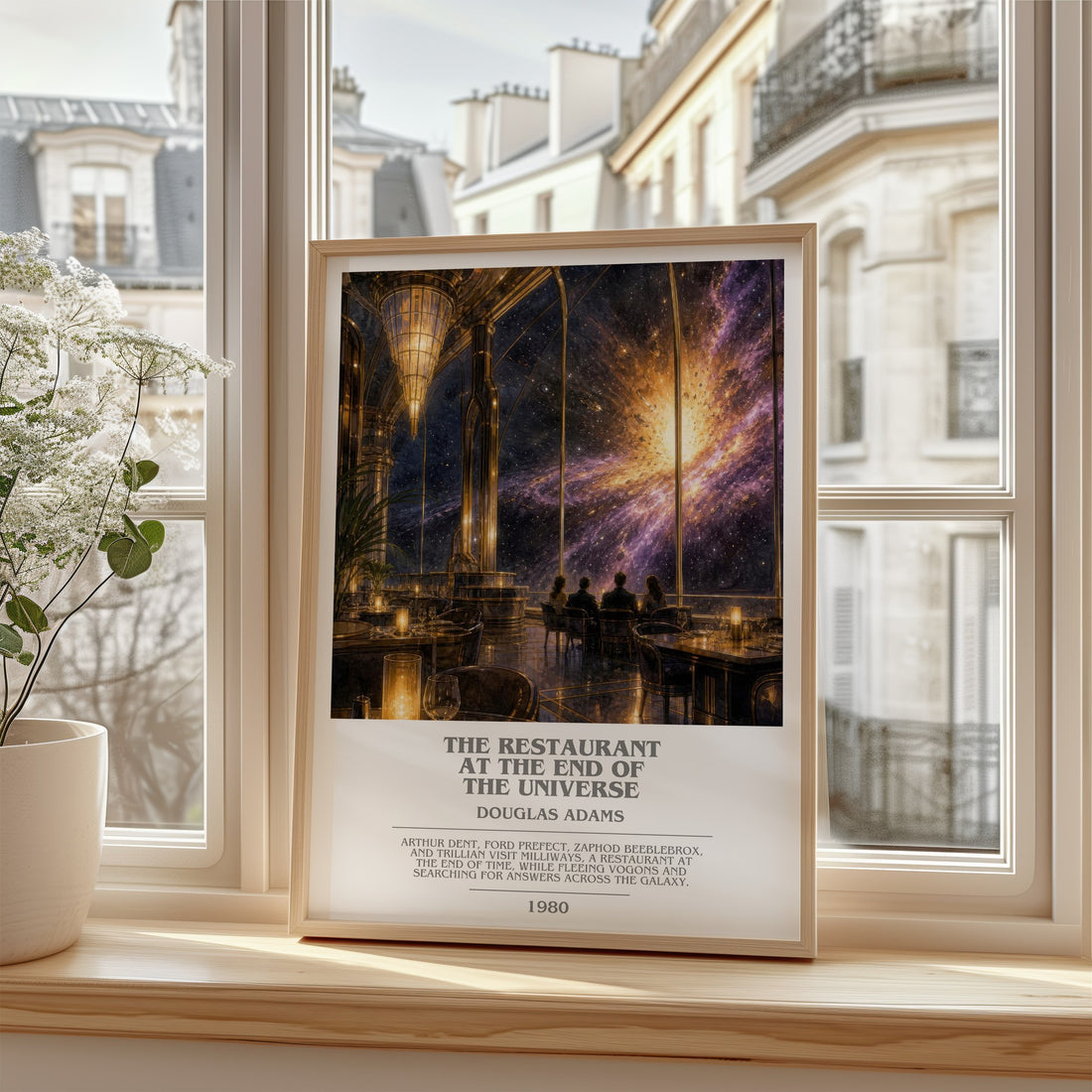 The Restaurant at the End of the Universe bookish poster colour and style options – Douglas Adams book art (mockup)