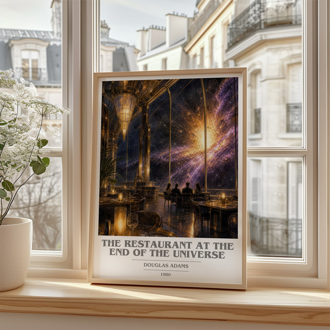 The Restaurant at the End of the Universe book cover poster colour and style options – Douglas Adams book art (mockup)