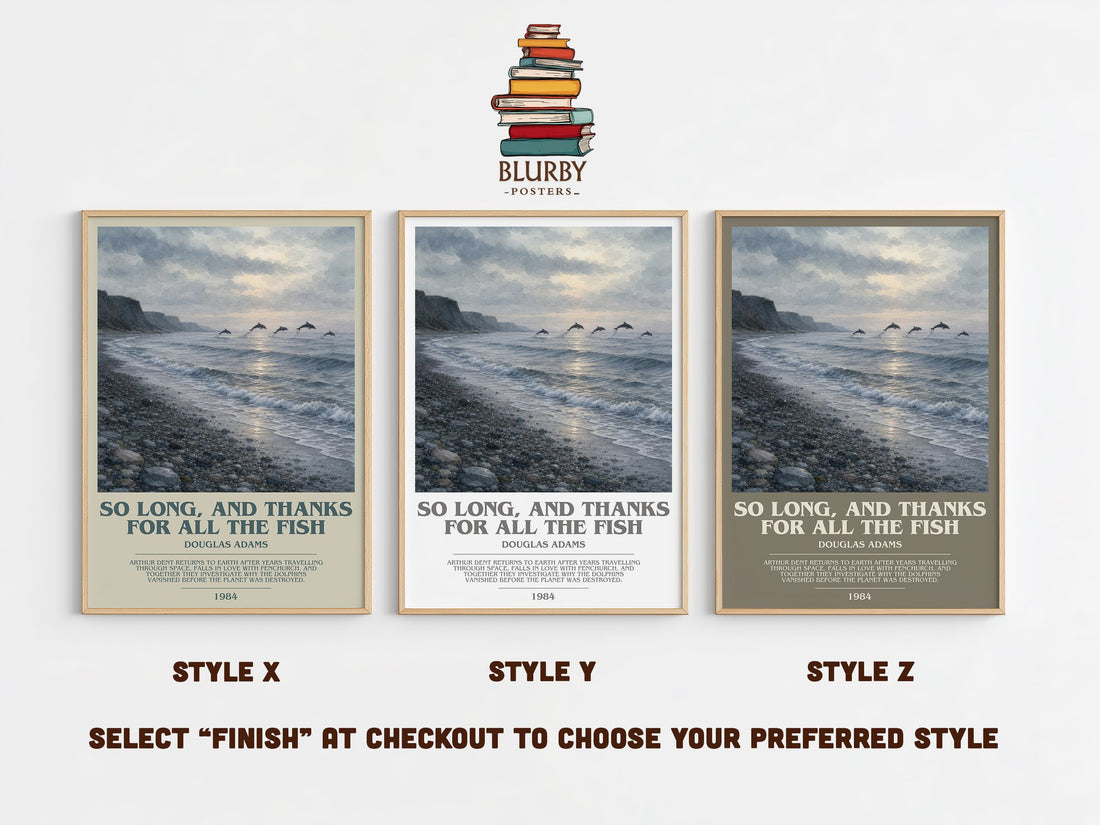 So long, and thanks for all the fish bookish print in frame leaning in hallway – sci fi wall art (mockup)