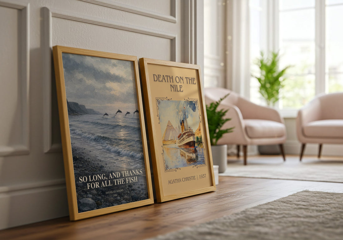 So long, and thanks for all the fish watercolour print framed by window – literary home decor