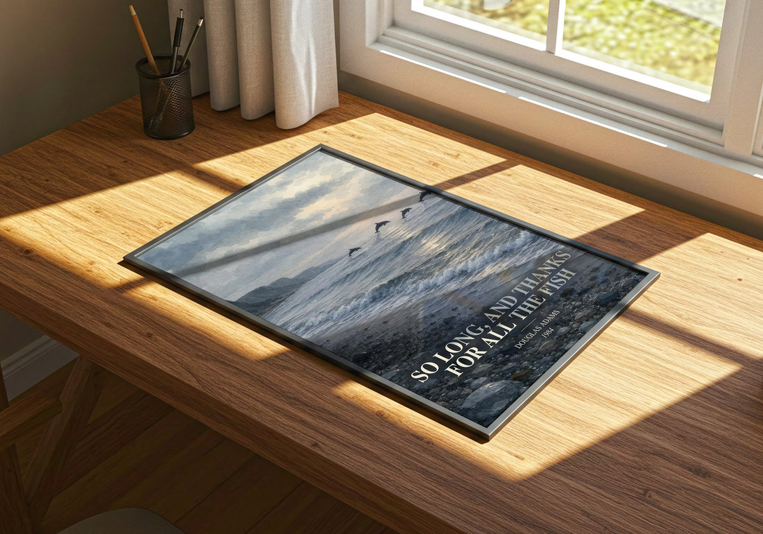So long, and thanks for all the fish watercolour book poster framed on wall – sci fi wall art