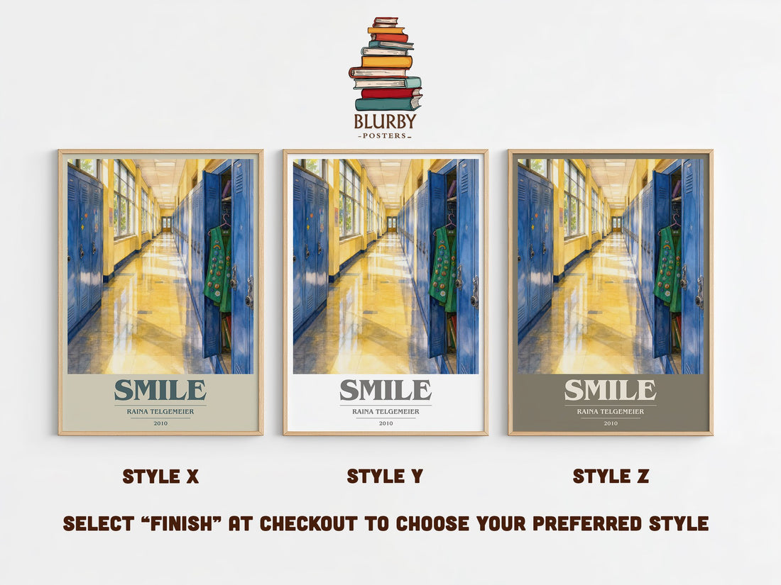 Smile book cover print in frame leaning in hallway – memoir wall art (mockup)
