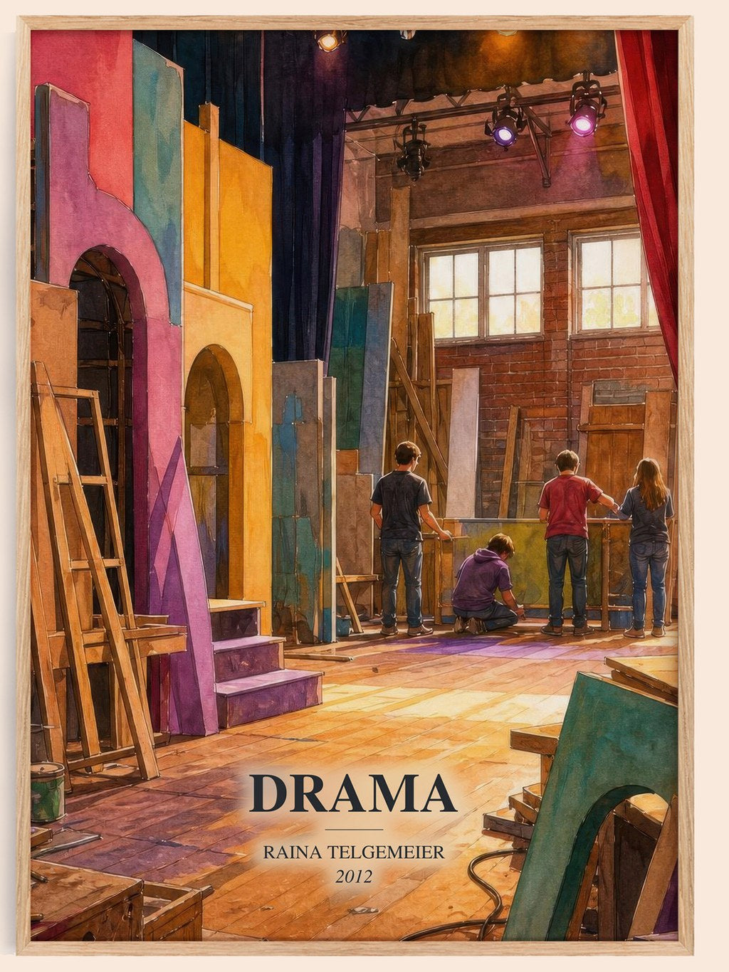 Drama watercolour book poster by Raina Telgemeier – framed literary art print