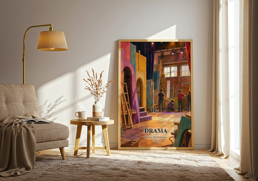 Drama watercolour print in frame leaning in hallway – childrens wall art