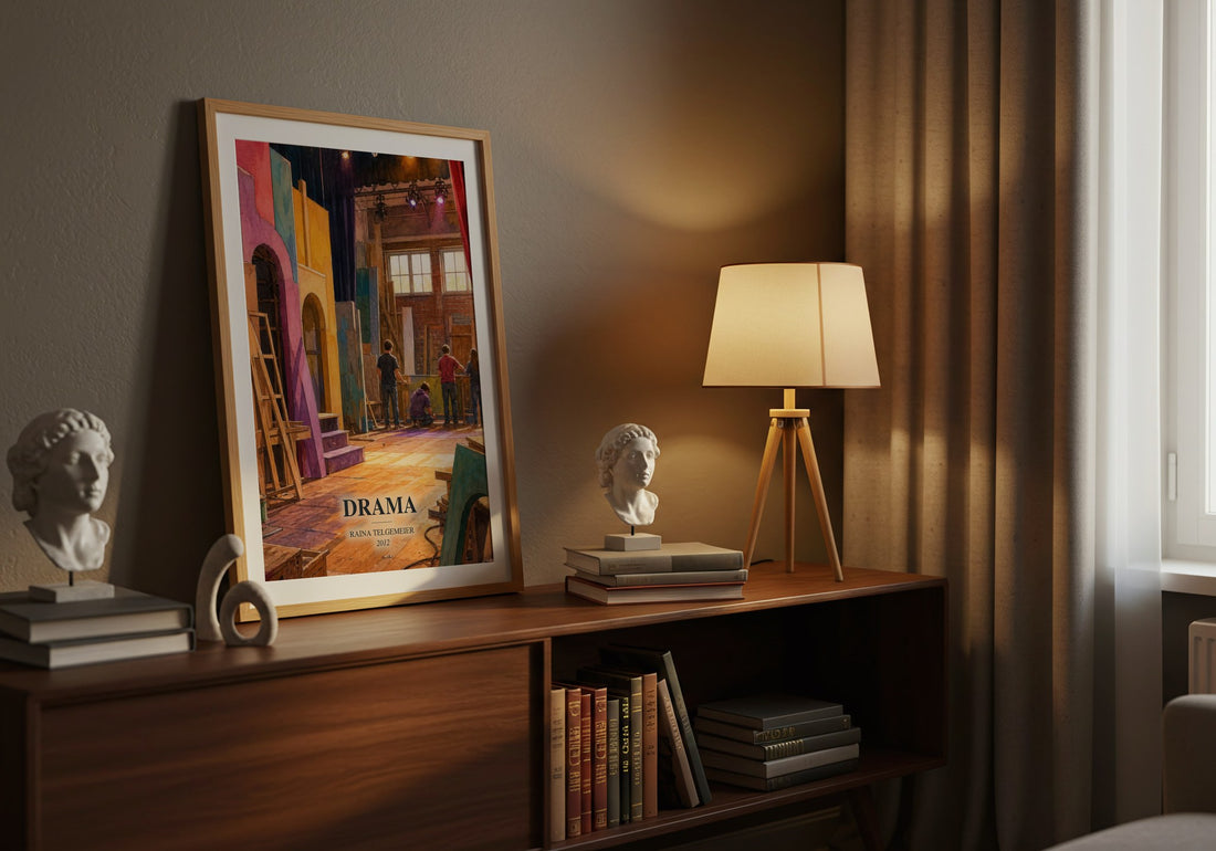 Drama watercolour print on bookshelf – Raina Telgemeier fan gift