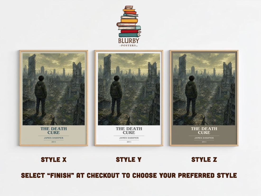 The Death Cure book cover print in frame leaning in hallway – dystopian wall art (mockup)