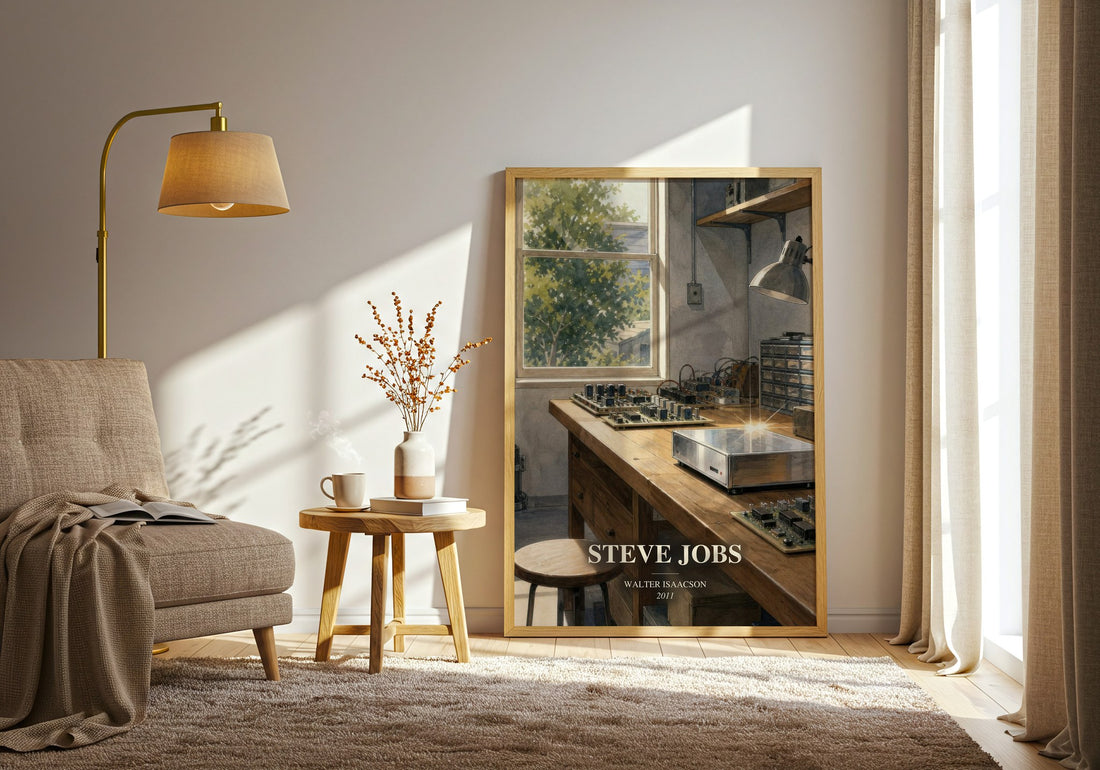 Steve Jobs watercolour print in frame leaning in hallway – non fiction wall art