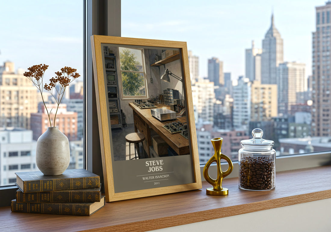 Steve Jobs book cover print framed by window – literary home decor