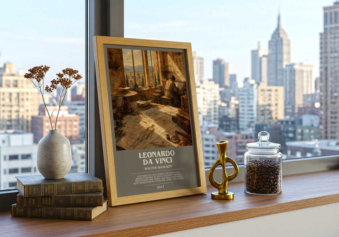 Leonardo da Vinci bookish print framed by window – literary home decor