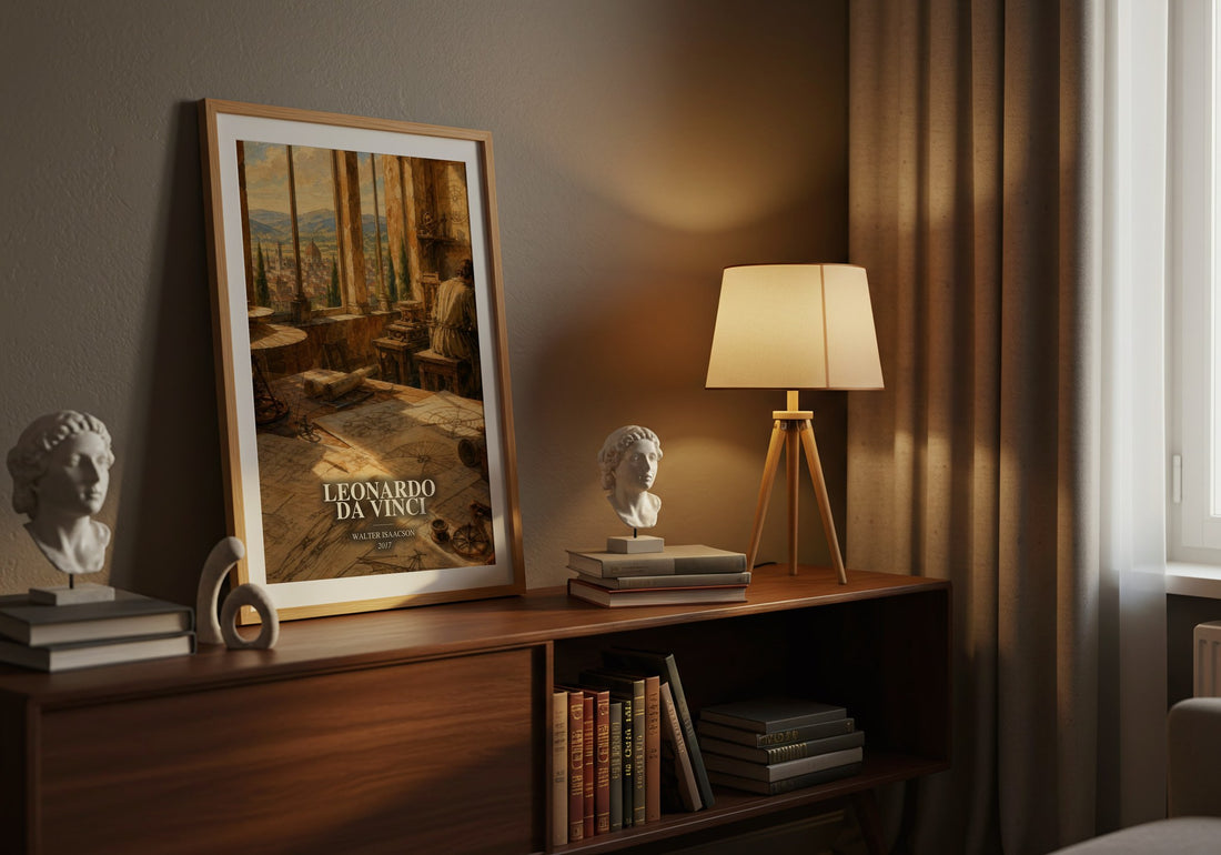 Leonardo da Vinci watercolour print on bookshelf – Walter Isaacson fan gift