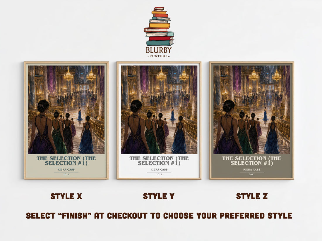 The Selection (The Selection #1) book cover print in frame leaning in hallway – dystopian wall art (mockup)