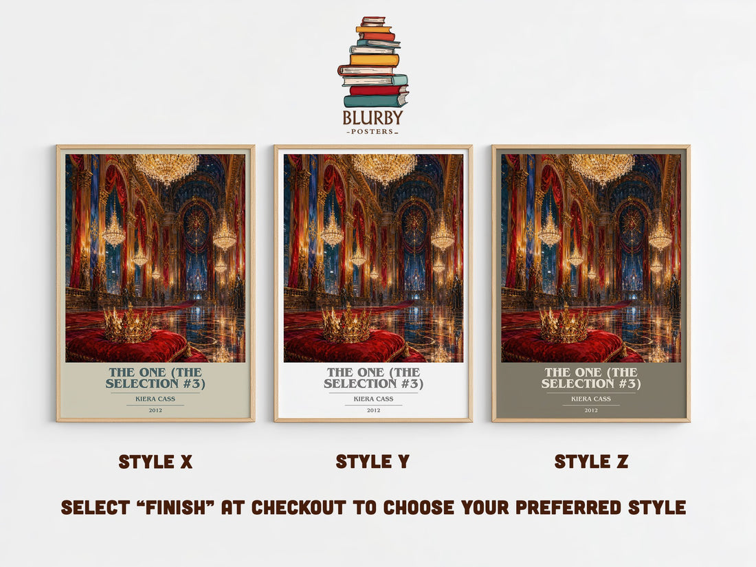 The One (The Selection #3) book cover print in frame leaning in hallway – young adult wall art (mockup)