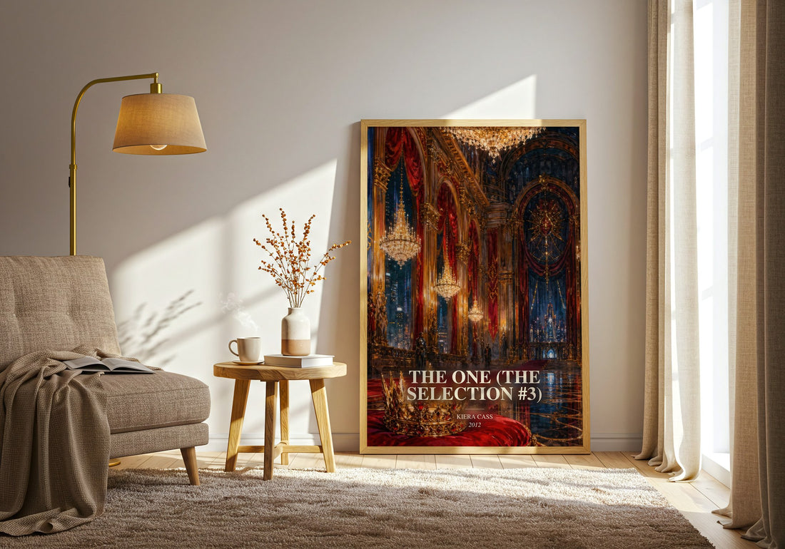 The One (The Selection #3) watercolour print in frame leaning in hallway – young adult wall art