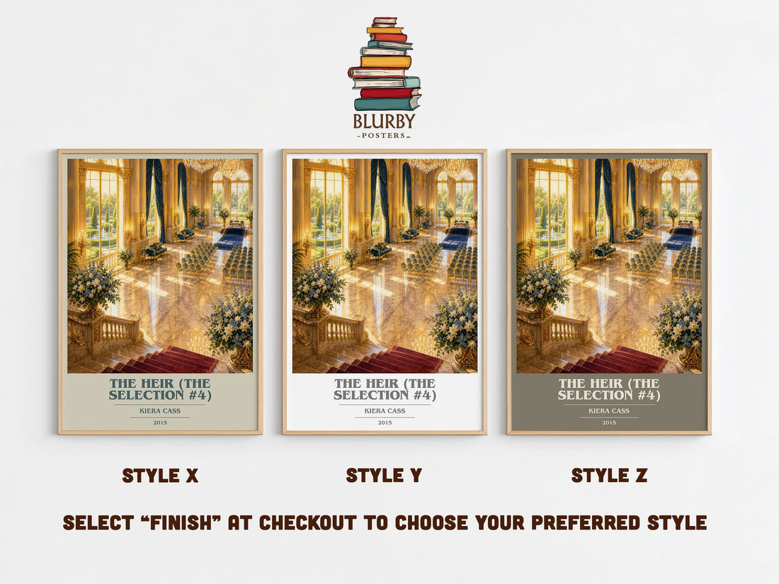 The Heir (The Selection #4) book cover print in frame leaning in hallway – young adult wall art (mockup)