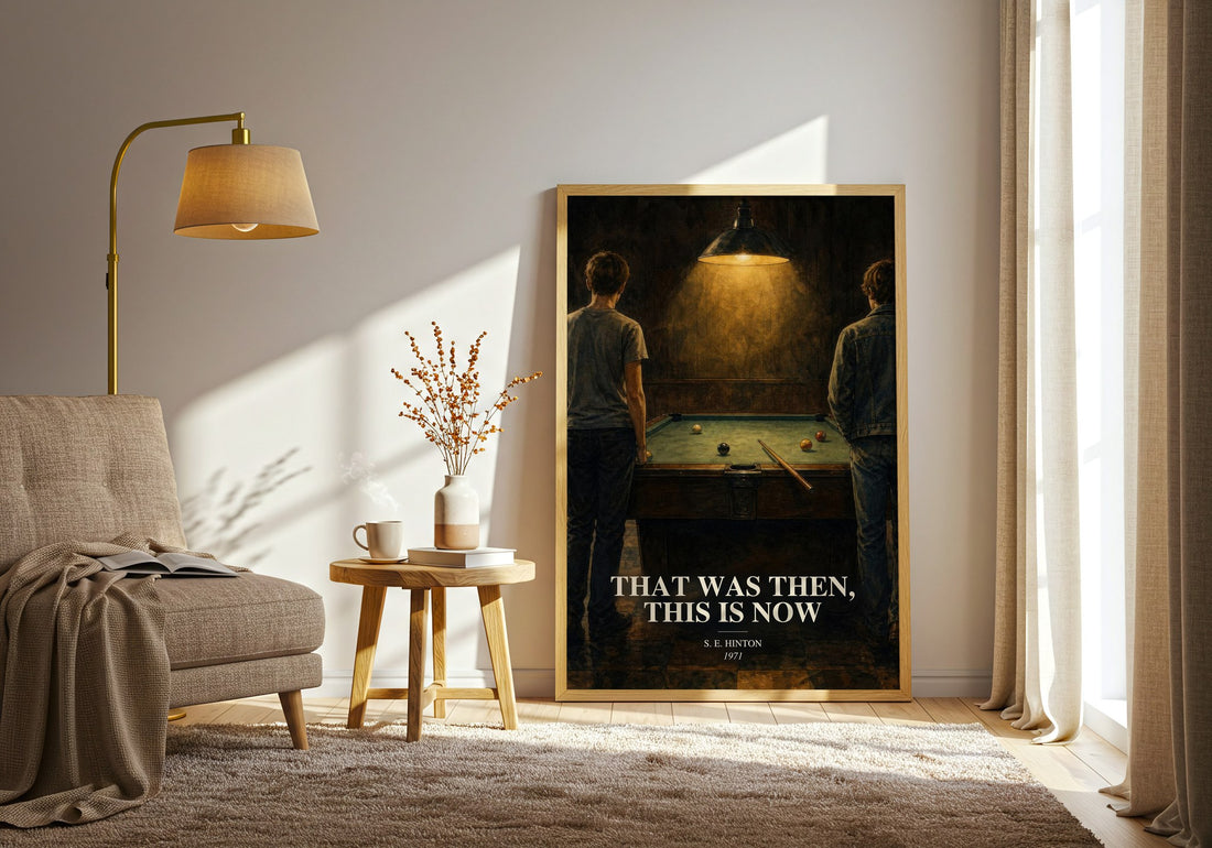 That was then, this is now watercolour print in frame leaning in hallway – young adult wall art