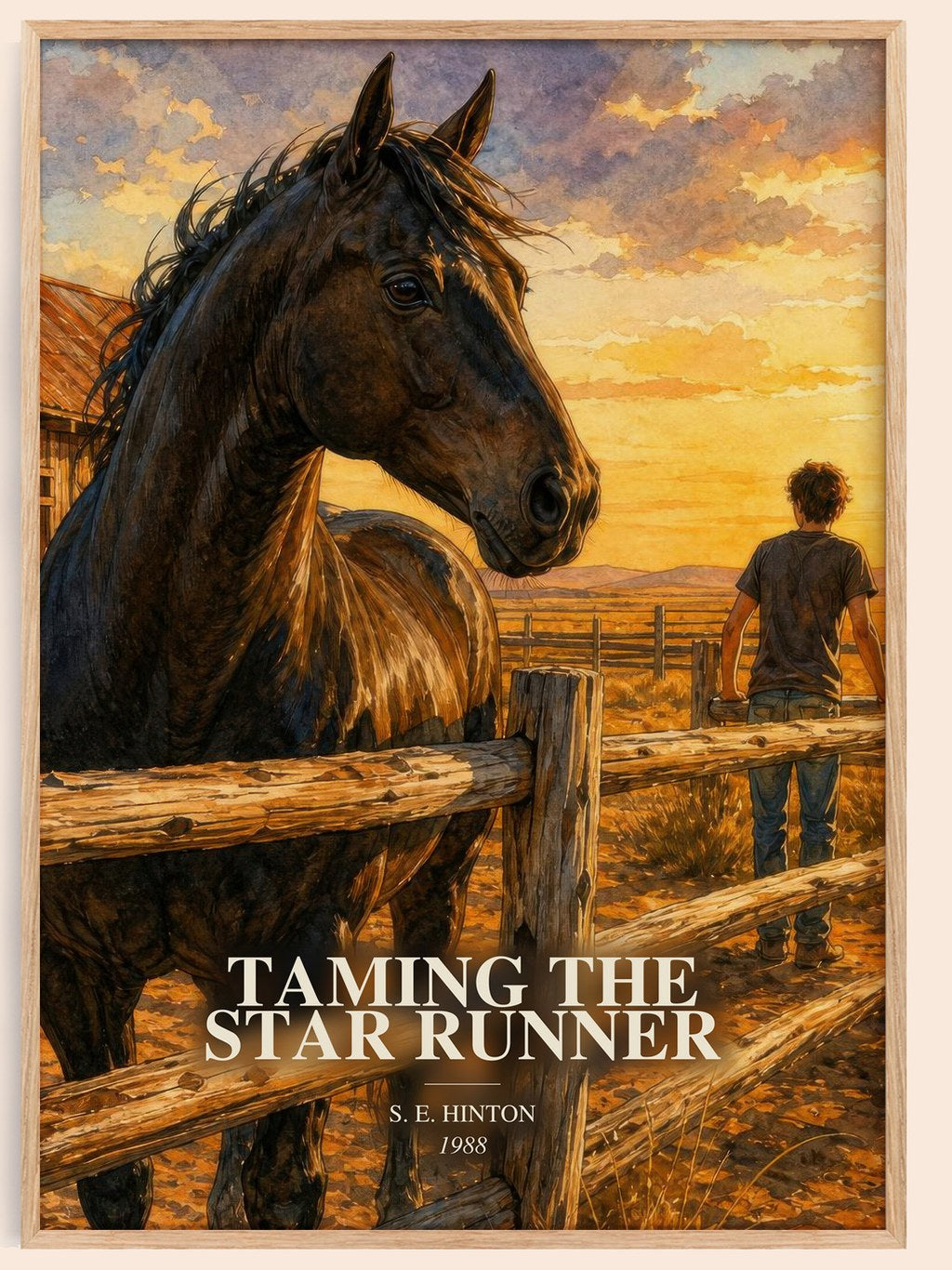 Taming the Star Runner watercolour book poster by S. E. Hinton – framed literary art print