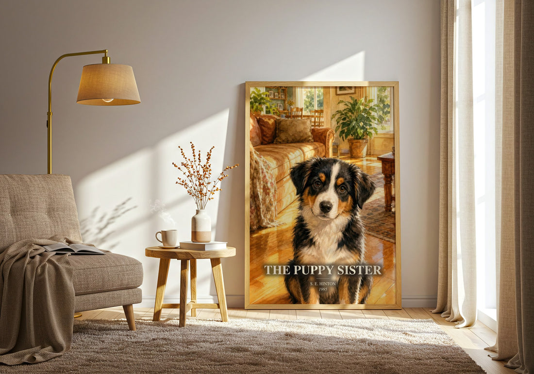 The Puppy Sister watercolour print in frame leaning in hallway – childrens wall art