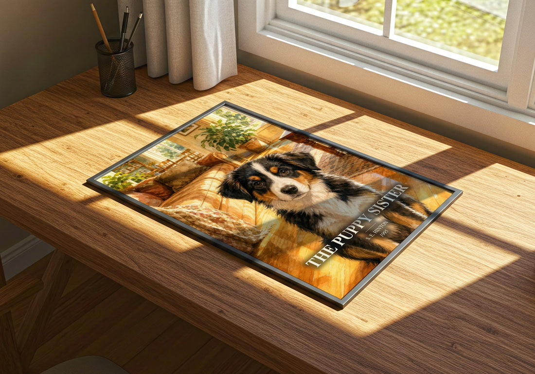 The Puppy Sister watercolour book poster framed on wall – childrens wall art
