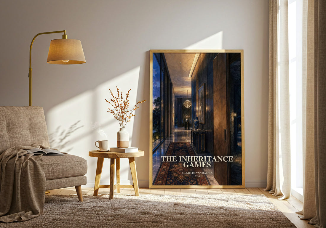 The Inheritance Games watercolour print in frame leaning in hallway – young adult wall art