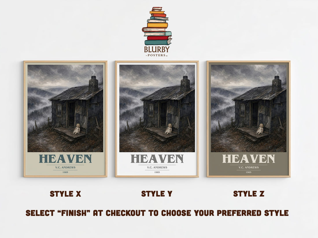 Heaven book cover print in frame leaning in hallway – gothic wall art (mockup)