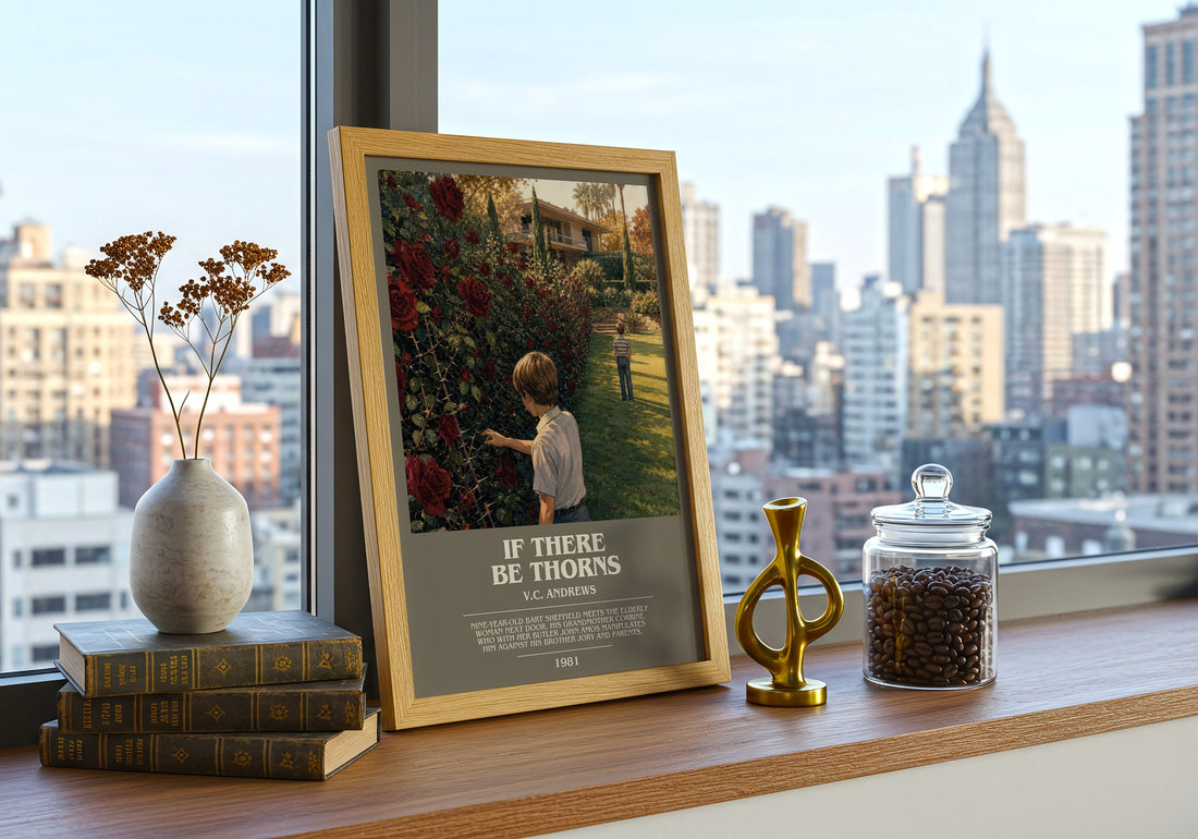 If There Be Thorns bookish print framed by window – literary home decor