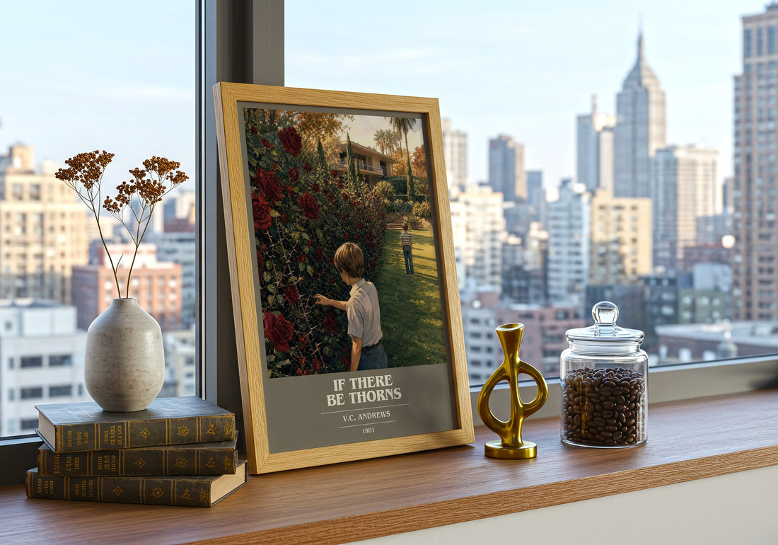 If There Be Thorns book cover print framed by window – literary home decor