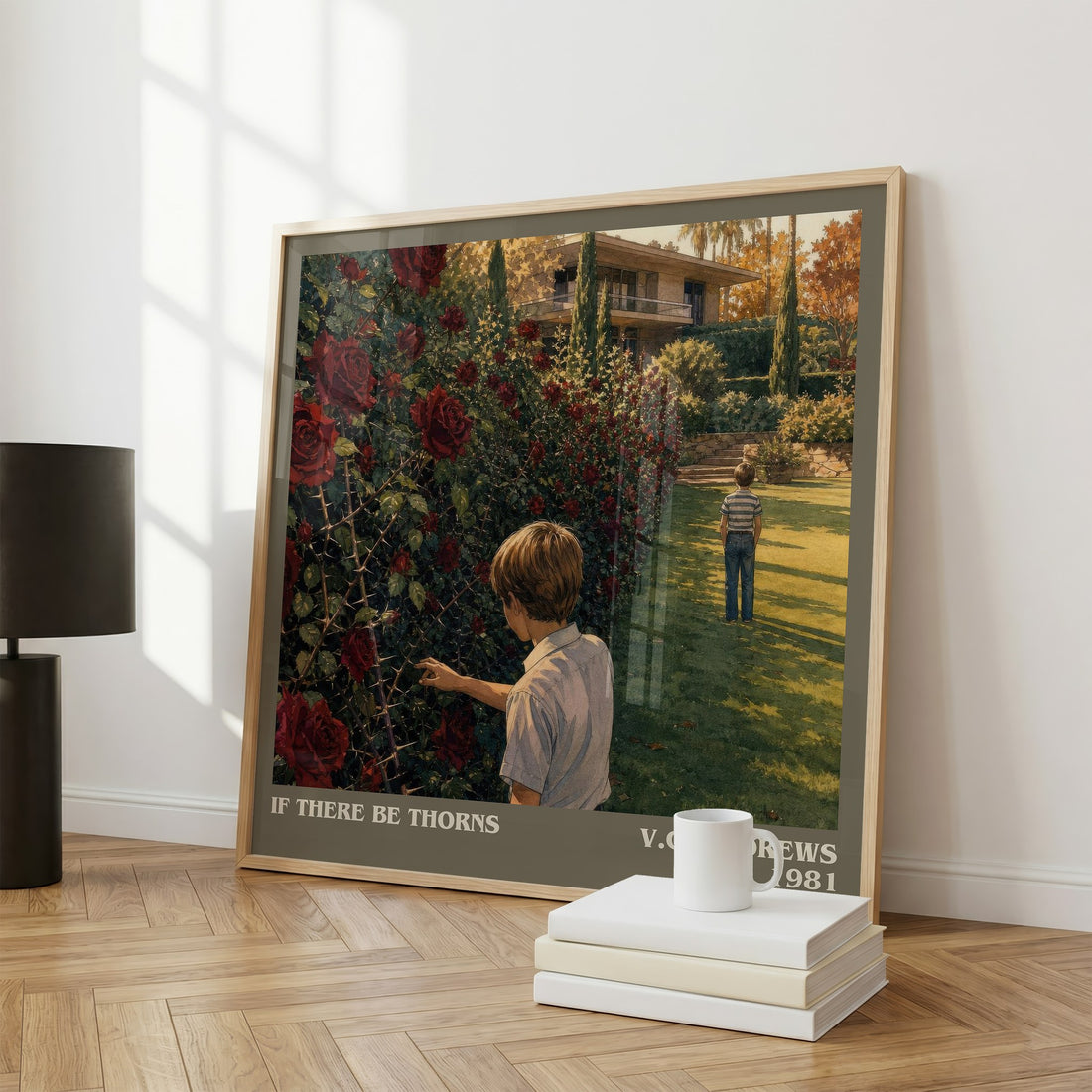If There Be Thorns literary print framed by window – literary home decor