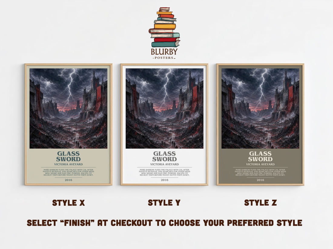 Glass Sword bookish print in frame leaning in hallway – dystopian wall art (mockup)