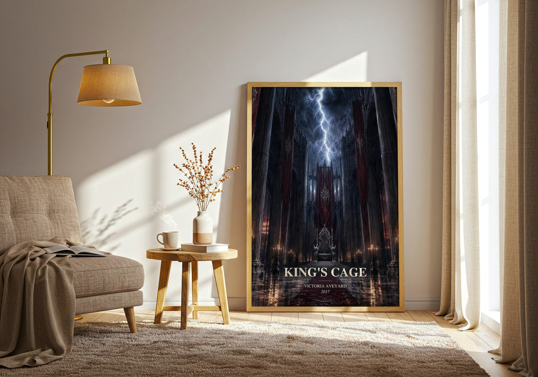 King's Cage watercolour print in frame leaning in hallway – young adult wall art