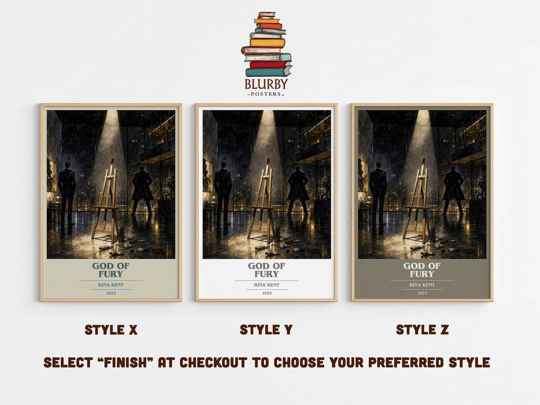 God of Fury book cover print in frame leaning in hallway – romance wall art (mockup)