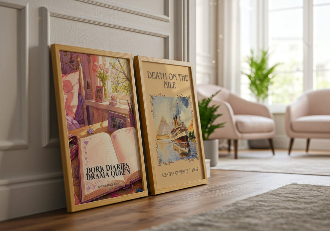 Dork Diaries Drama Queen watercolour print framed by window – literary home decor