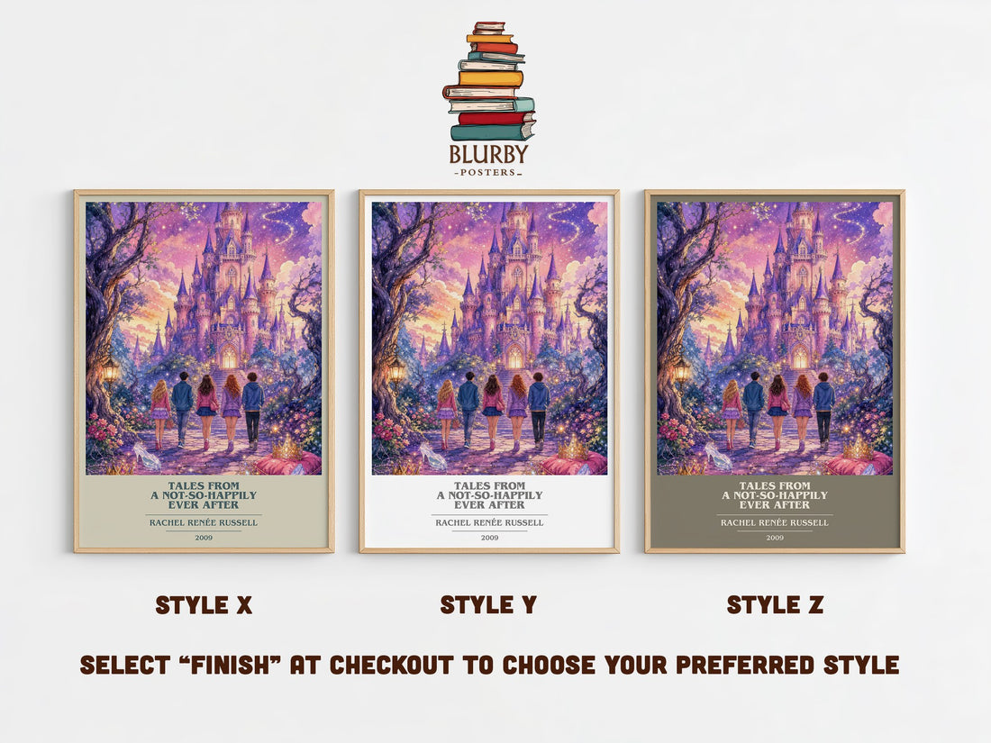 Tales from a Not-So-Happily Ever After book cover print in frame leaning in hallway – childrens wall art (mockup)