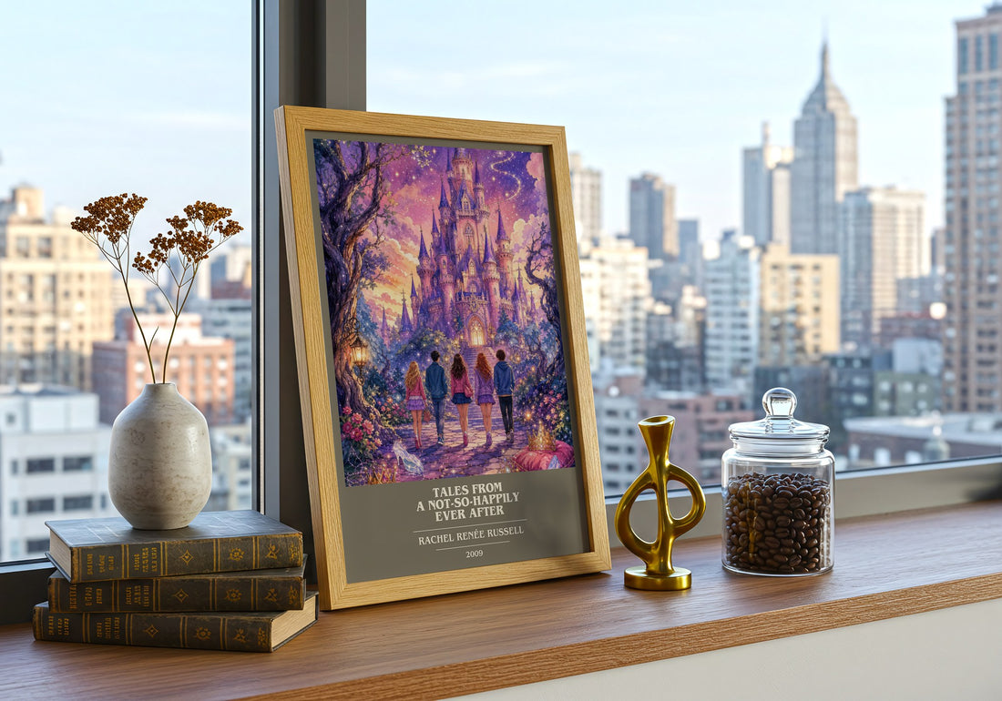 Tales from a Not-So-Happily Ever After book cover print framed by window – literary home decor
