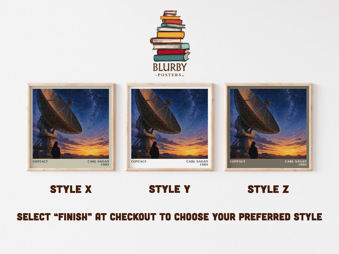 Contact literary print in frame leaning in hallway – sci fi wall art (mockup)