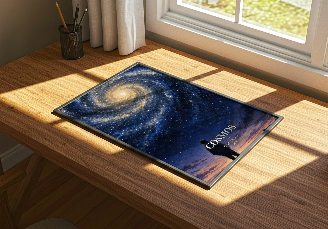 Cosmos watercolour book poster framed on wall – non fiction wall art
