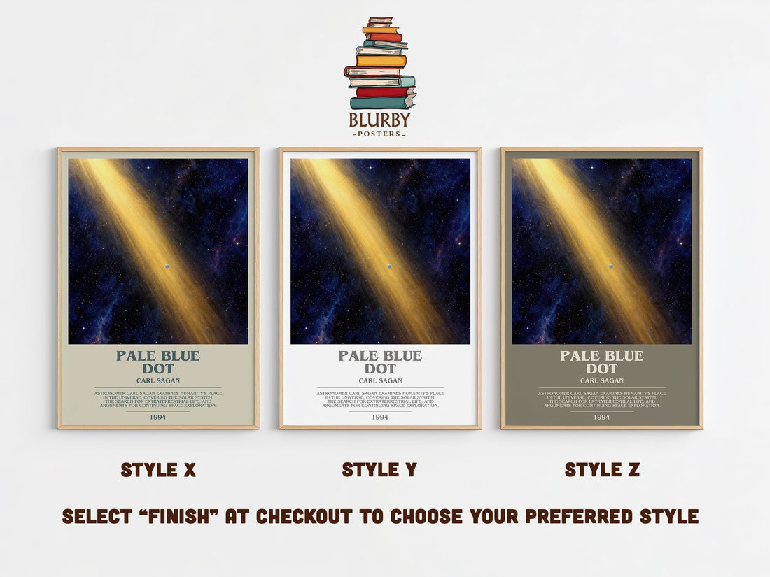 Pale Blue Dot bookish print in frame leaning in hallway – non fiction wall art (mockup)