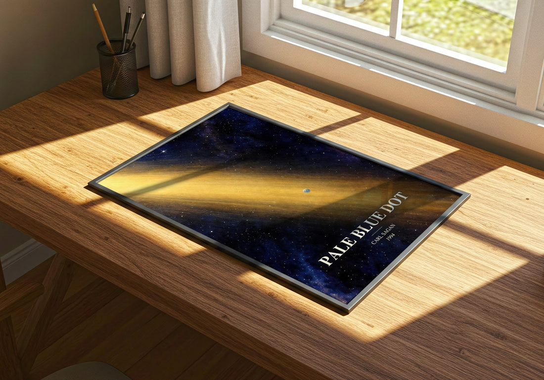 Pale Blue Dot watercolour book poster framed on wall – non fiction wall art