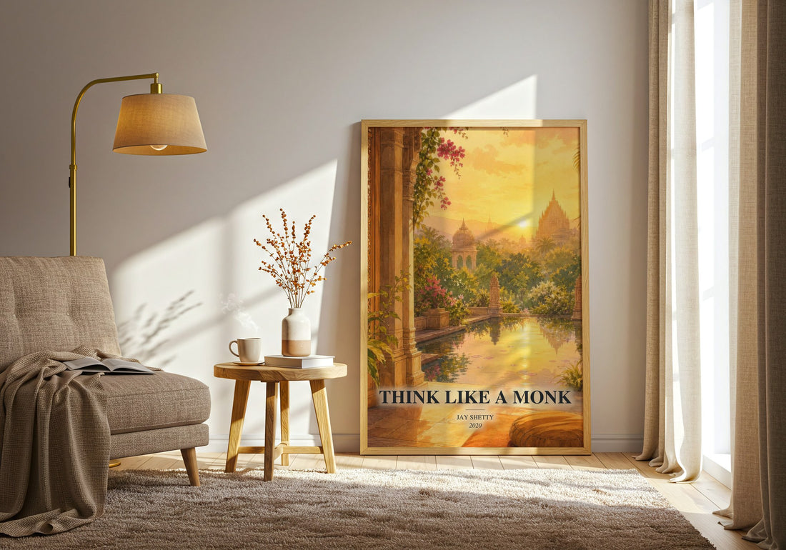 Think Like a Monk watercolour print in frame leaning in hallway – non fiction wall art