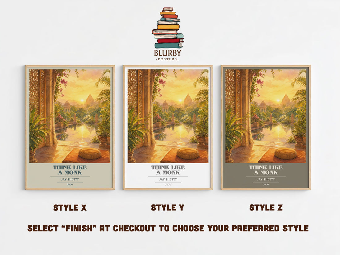 Think Like a Monk book cover print in frame leaning in hallway – non fiction wall art (mockup)
