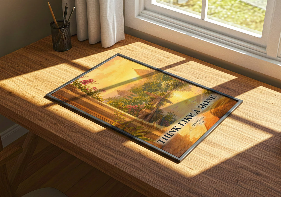 Think Like a Monk watercolour book poster framed on wall – non fiction wall art