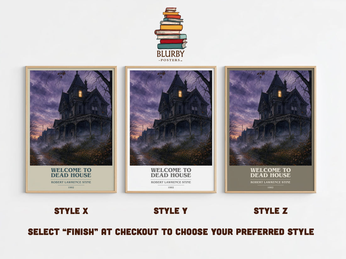 Welcome to Dead House book cover print in frame leaning in hallway – childrens wall art (mockup)
