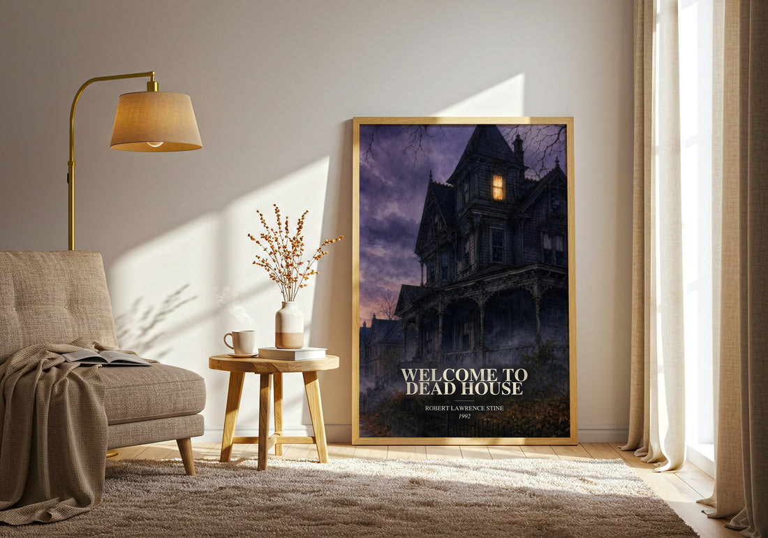 Welcome to Dead House watercolour print in frame leaning in hallway – childrens wall art