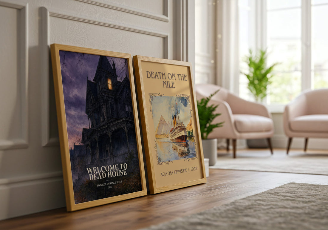 Welcome to Dead House watercolour print framed by window – literary home decor