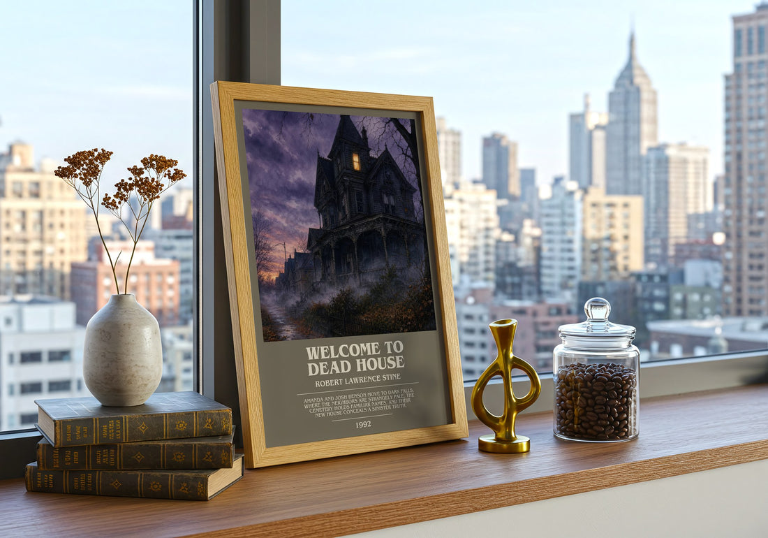 Welcome to Dead House bookish print framed by window – literary home decor
