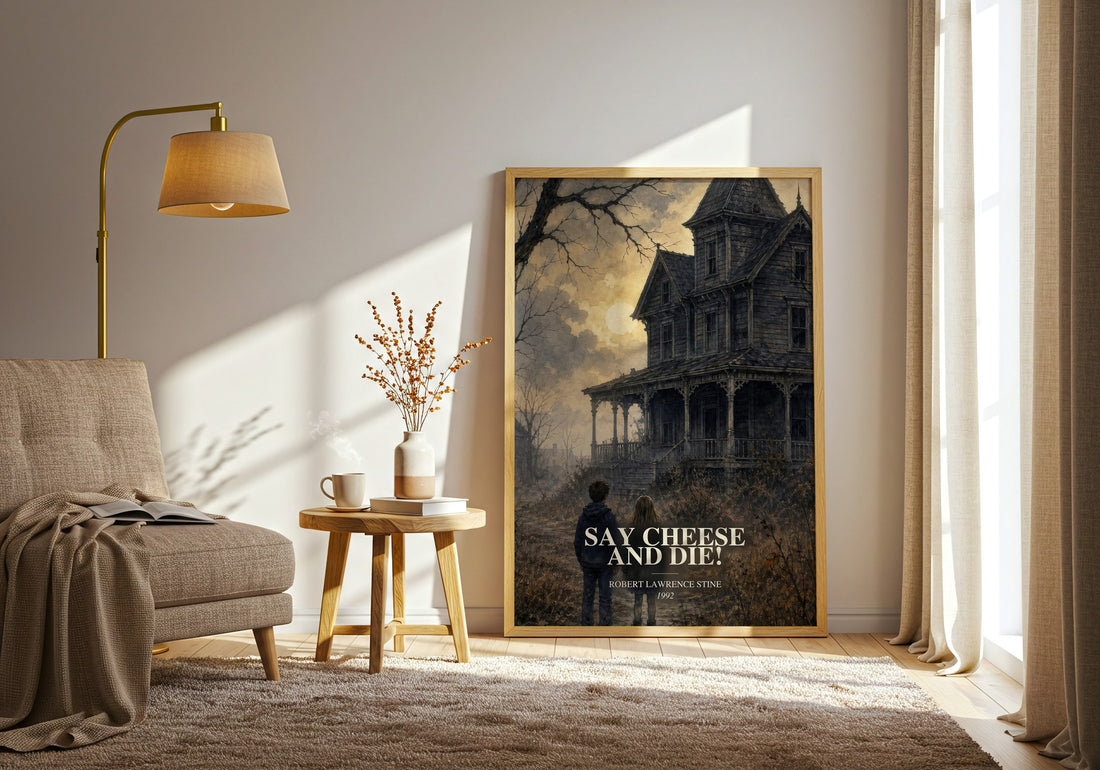 Say Cheese and Die! watercolour print in frame leaning in hallway – horror wall art