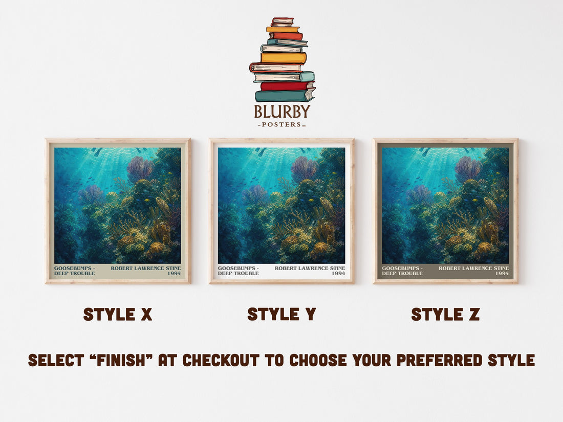 Goosebumps - Deep Trouble literary print in frame leaning in hallway – childrens wall art (mockup)