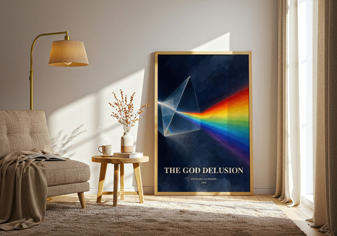 The God Delusion watercolour print in frame leaning in hallway – non fiction wall art