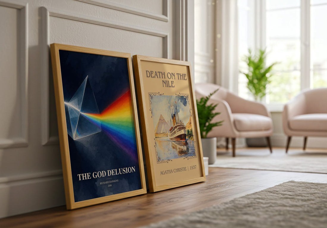 The God Delusion watercolour print framed by window – literary home decor