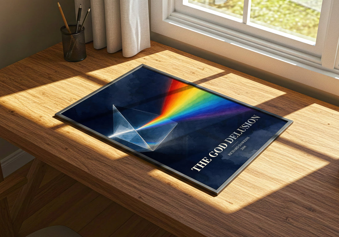 The God Delusion watercolour book poster framed on wall – non fiction wall art