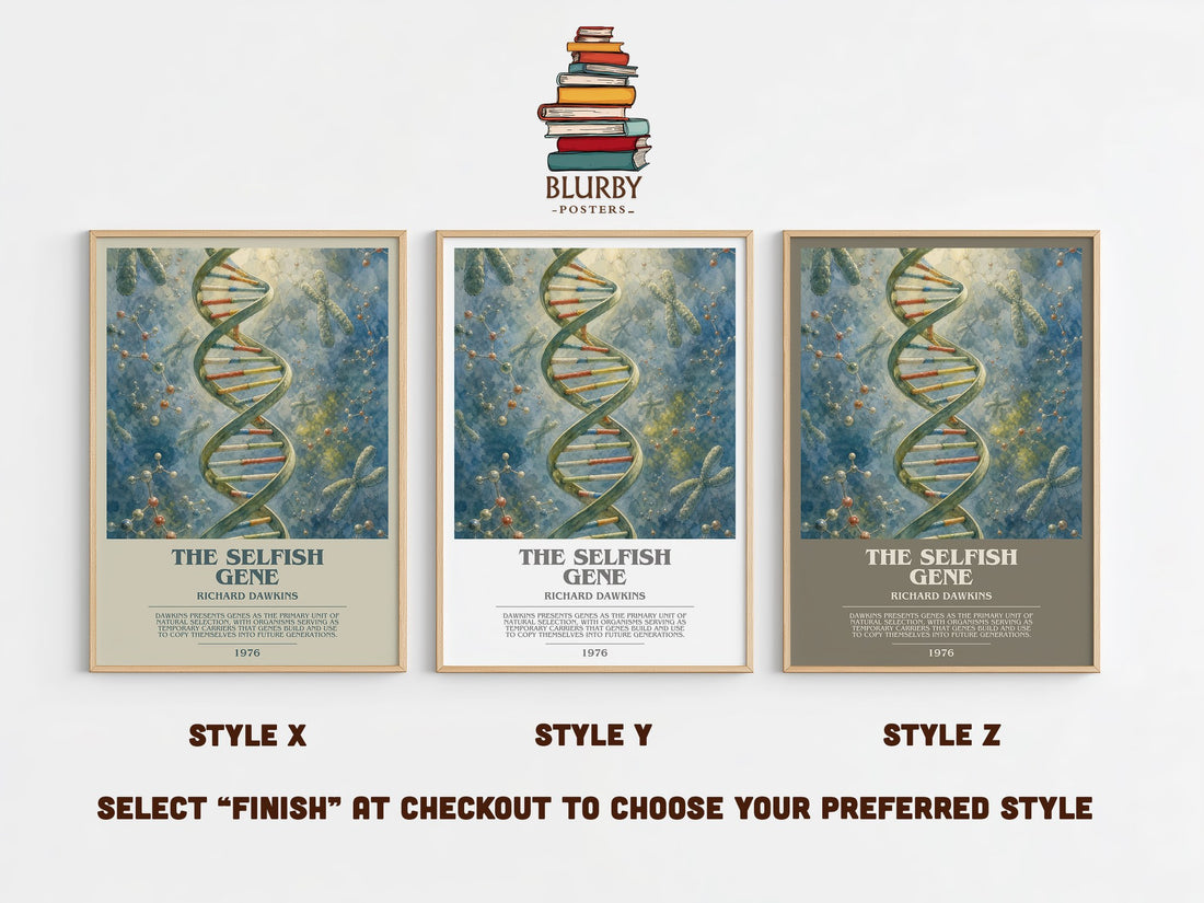 The Selfish Gene bookish print in frame leaning in hallway – non fiction wall art (mockup)